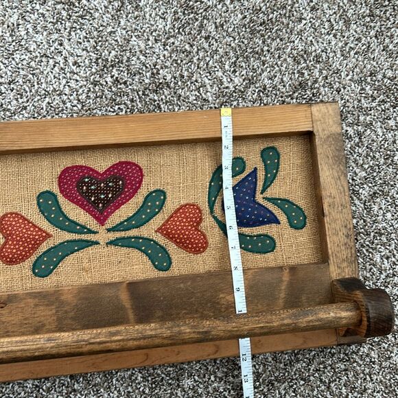 Vintage Wooden Burlap Embroidered Towel Rack with Folk Art Design Wall Decor - Picture 14 of 16